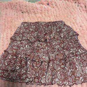 Who What Wear Burgundy and White Paisley Tiered Mini Skirt